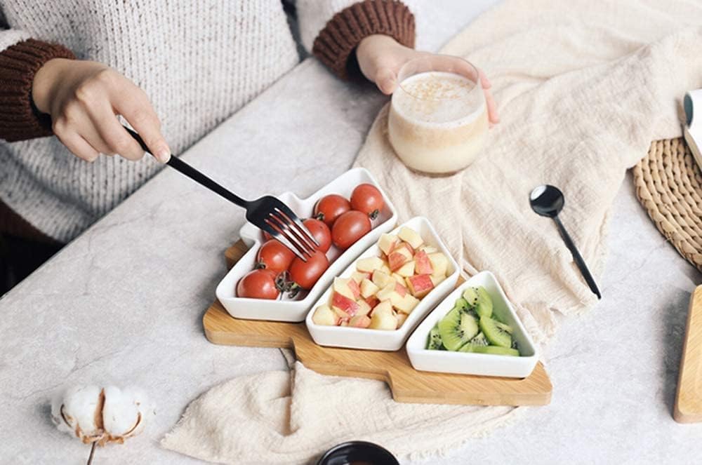White Tree Plates Chip & Dip Set, 11 Inches Ceramic Snack Plate with Bamboo Tray, Removable Porcelain Christmas Tree Appetizer Dessert Fruit Salad Saucers Bowl, Cutlery Platter Serving Dish