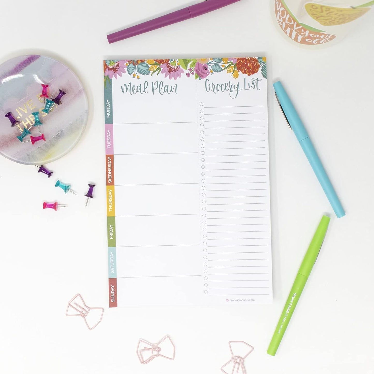 bloom daily planners Weekly Meal Planning Pad - Magnetic Hanging Refrigerator Menu Planner with Tear-Off Sheets & Perforated Grocery Shopping Lists - 6” x 9” (Grey & Pink)