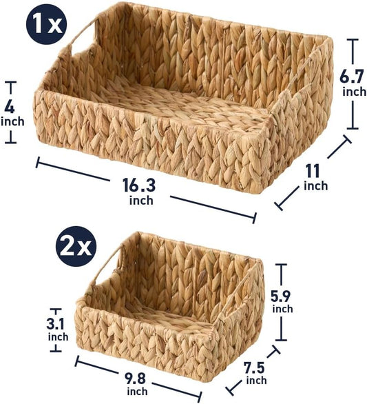 Ornavo Home 3-Pack Water Hyacinth Storage Baskets with Handles, Natural | Handwoven Decorative Natural Organizer For Shelves, Pantry, Closet Or Living Room