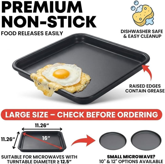 MACONEE Microwave Bacon Cooker & Crisper Pan – Large Nonstick Square Metal Tray for Crispy Bacon, Reheating Pizza & Snacks – Dishwasher Safe Grill Plate (Requires Medium/Large Microwave)