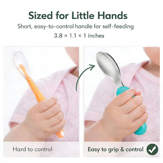 Baby Fork and Spoon Set with Carry Case Baby Training Utensils Self Feeding Toddler Silverware Silicone and Stainless Steel Kids and Toddler Utensil Set-Dinosaur