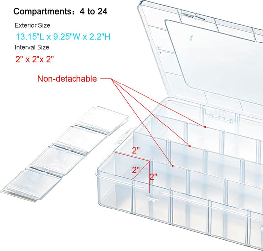 Vidifor 24-Grid Large Plastic Storage Box with Removable Dividers, Multi-compartment Organizer for Home, Office, Crafts, or School Supplies (1, Large)
