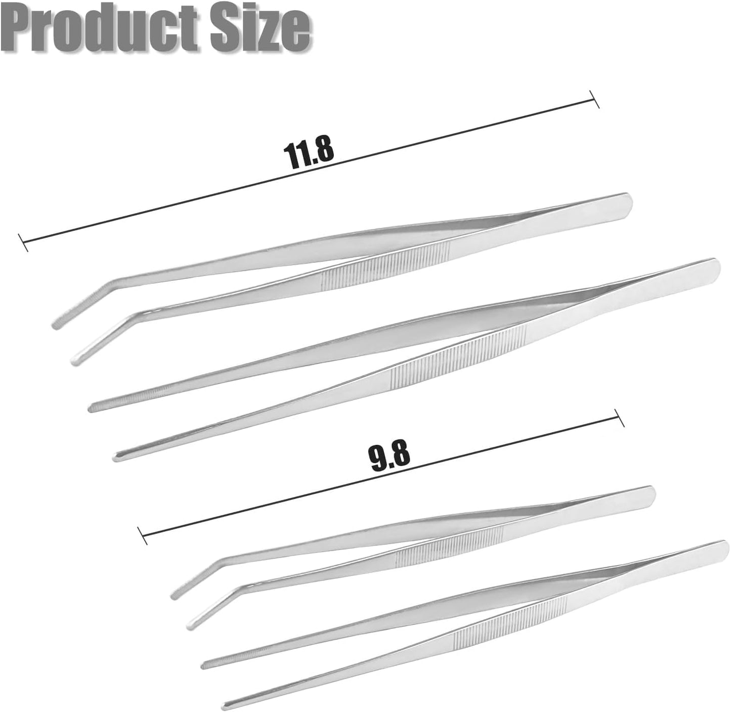 4 Pcs Kitchen Tweezers Fine Cooking Tongs 10 Inch & 12 Inch Stainless Steel Precision Serrated Tongs with Straight & Curved Round Tips for Cooking Serving & Barbecue