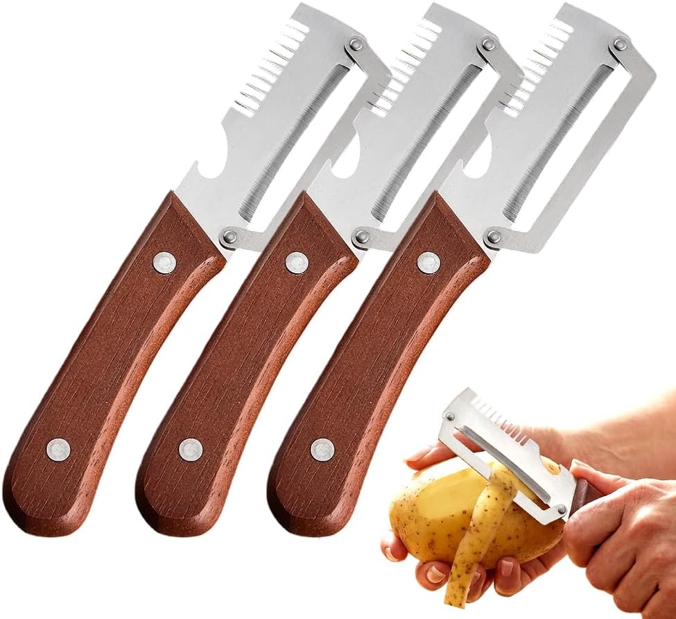Premium Vegetable Peeler with Wooden Handle and Bottle Opener, Multi-Functional Vegetable Peeler for Kitchen, Kitchen Gadgets Tool for Fruit Pumpkin Peeling Potato Carrot Veggie Peeler (2)