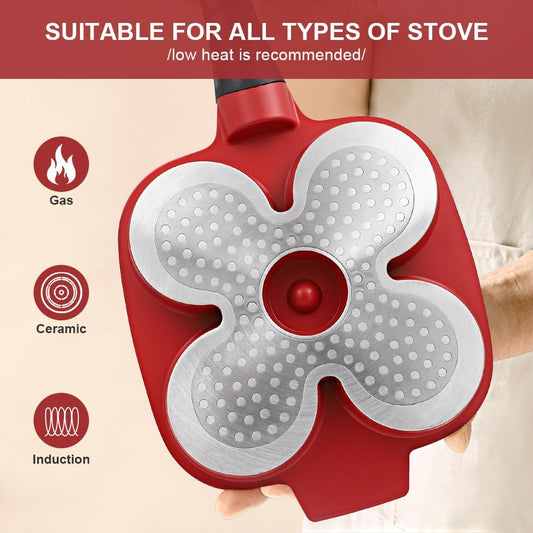 RANX INGST 4-Cup Egg Pan with Lid, Nonstick Omelette Skillet - Red