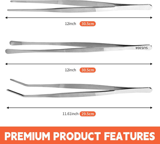 3PCS Kitchen Tweezers Set, 12 Inch Stainless Steel Cooking Tongs | Precision Grip Tips Heat Safe Long Reach Rust Resistant Stainless Steel for Cooking Plating BBQ and Food Preparation