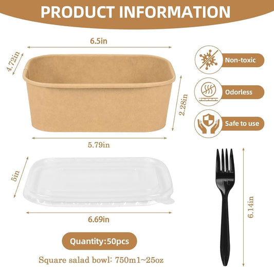 50 Pack Disposable Meal Prep Containers, 25oz Disposable Large Paper Bowls with Lids and Forks for Salad, Noodles, Freezer and Microwavable Storage Use Cardboard Food Containers