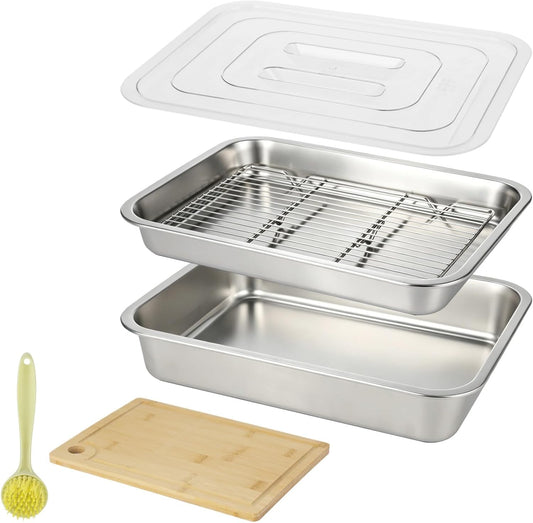 ZALIR Grilling Prep & Serve Trays Kit - 15.7 x 11.8 in Large Capacity Stainless Steel Pans with Lid, Rack, Cutting Board, Tongs, Brush for BBQ, Outdoor Cooking