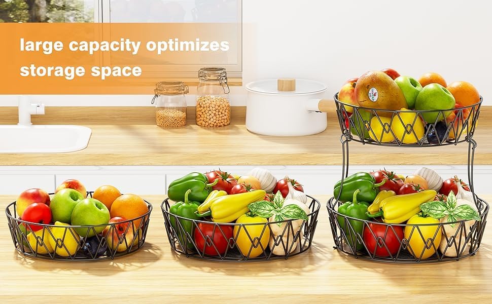 3 Tier Fruit Basket with 2 Banana Hangers for Kitchen Counter | 3-Tier Detachable Design,Metal Wire Construction, Wooden Handle, Large Capacity, Multi-Purpose Organizer,Mesh Basket