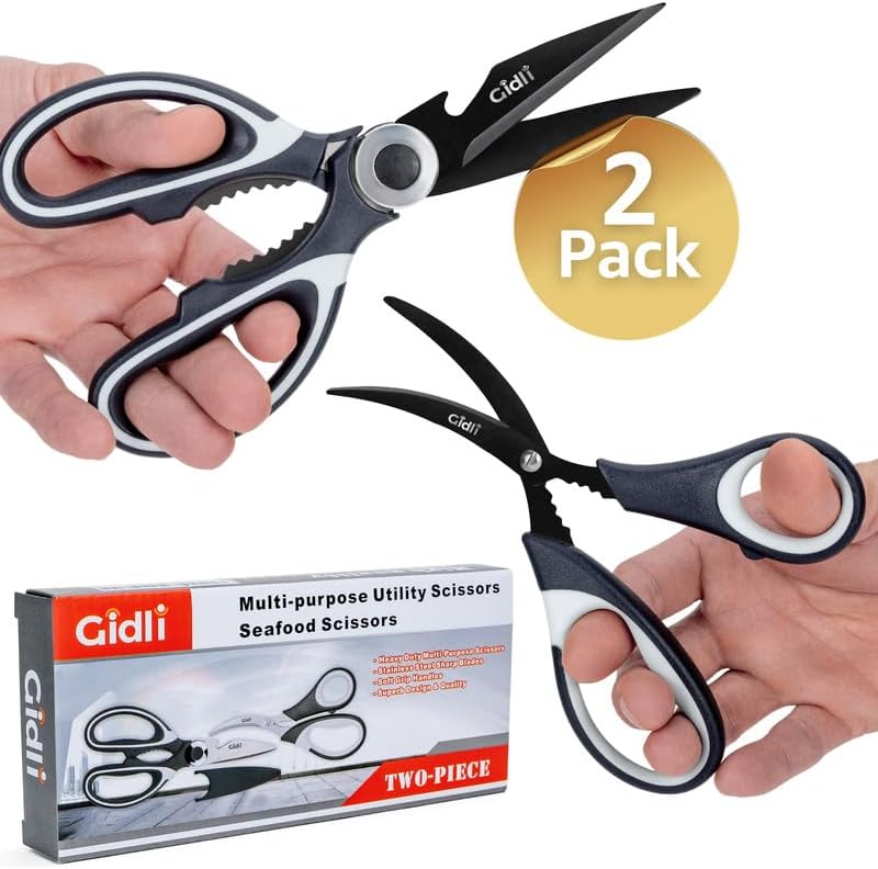 Kitchen Shears by Gidli - Liftime Replacement Warranty* - Includes Seafood Scissors As a Bonus - Heavy Duty Utility Stainless Steel All Purpose Ultra Sharp Scissors for Food/Cooking