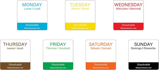 Restaurantware RW Smart 1 Inch x 1 Inch Food Rotation Labels 500 Dissolvable Food Safety Labels - Premium Trilingual Green Paper Day Of The Week Labels For Food Storage Or Prep Friday