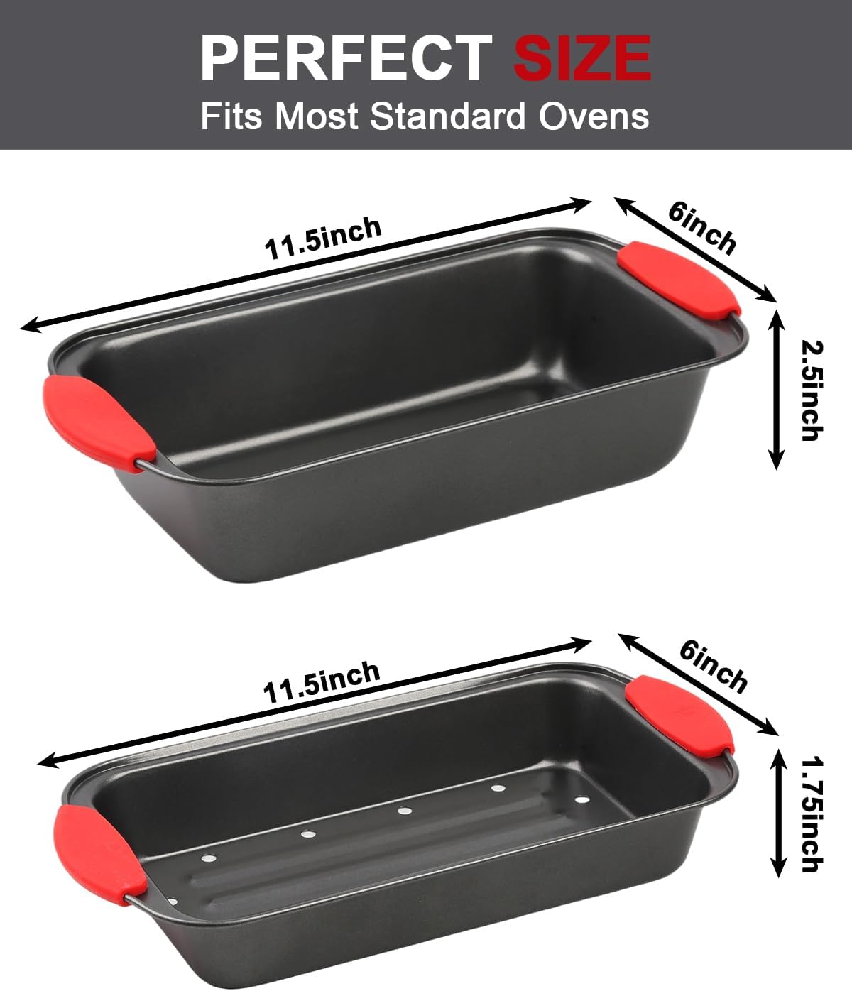 Meatloaf Pan with Drain Tray, 2 Piece Set Meat Loaf Pan with Silicone Grip and Spatula & Basting Brush, Carbon Steel with Nonstick Coating, Oven Safe to 450°F, Versatile for Bread, Roasts, Cakes