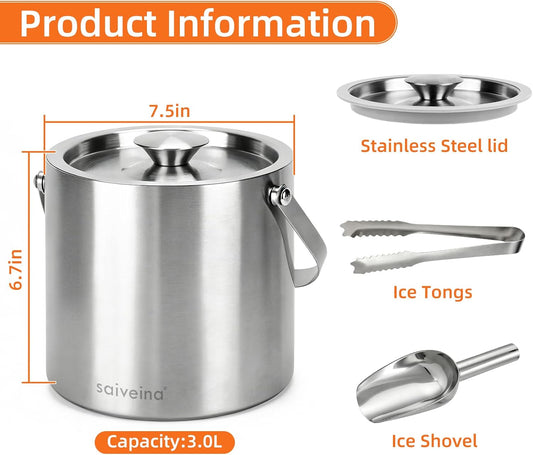 3L Double-Wall Stainless Steel Ice Bucket with Lid, Scoop, Tongs & Handle – Insulated Ice Container for Parties, Bar, and Camping – Keeps Ice Frozen Longer