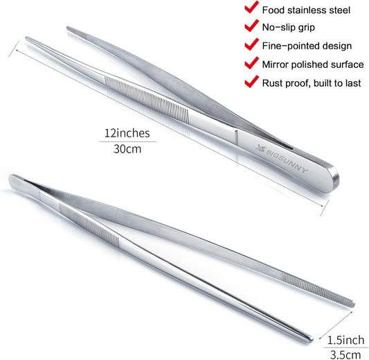 MSY BIGSUNNY Stainless Steel Kitchen Food Tweezers, 12" Fine Tweezer with Precision Serrated Tips for Cooking and Serving