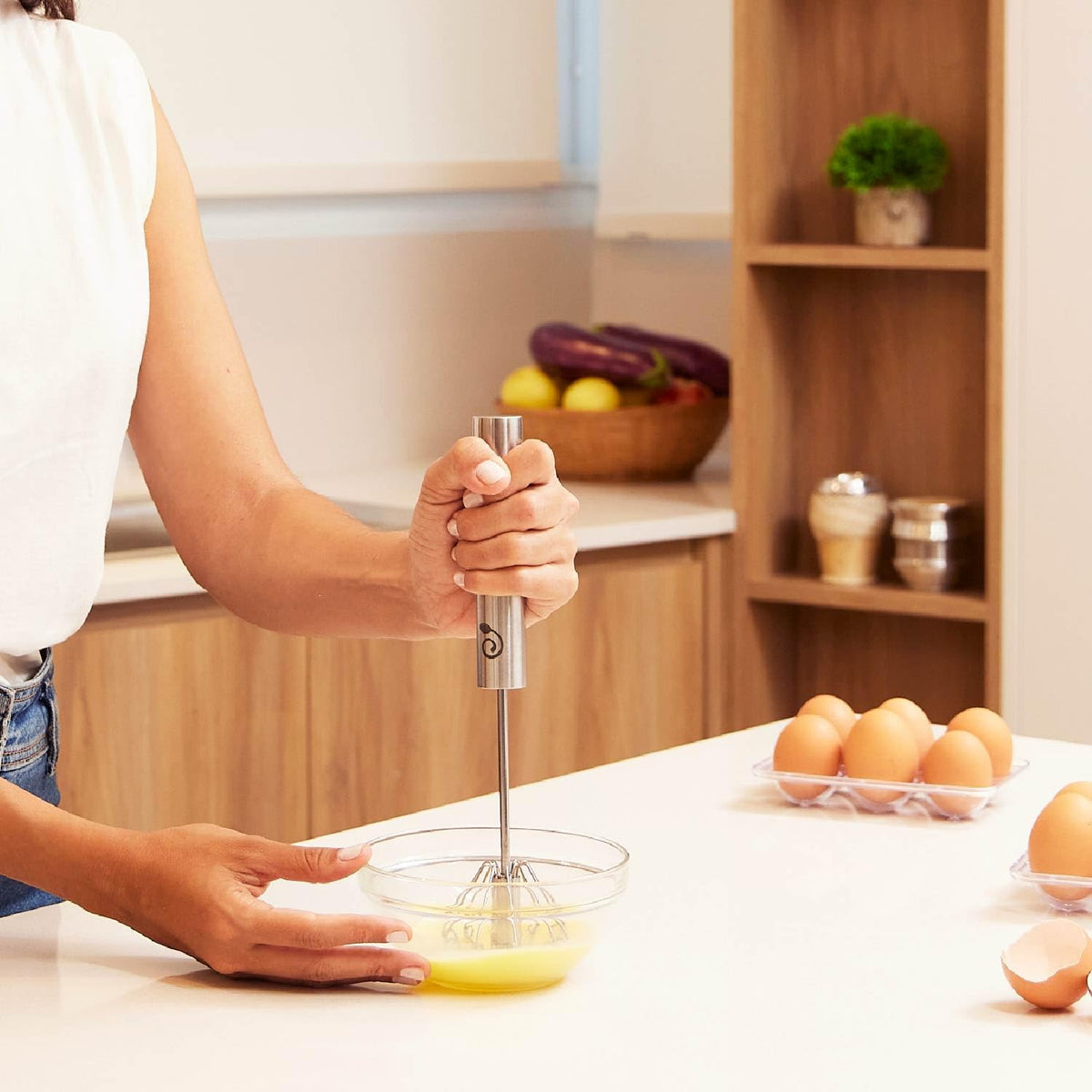 Stainless Steel Push-Down Rotary Egg Beater Hand Whisk 2 Pack 12 & 14 Inch