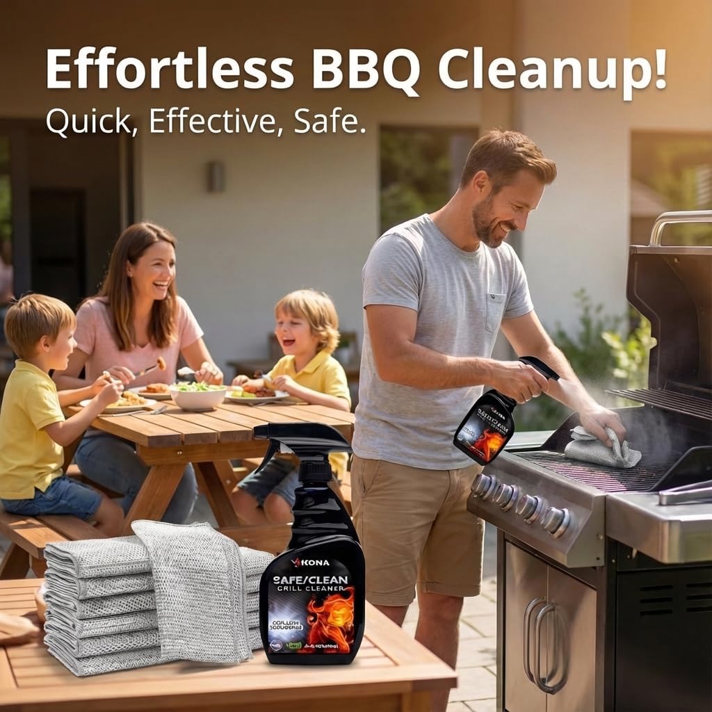 Kona Safe/Clean Air Fryer Cleaner and Degreaser Kit for Ninja Woodfire Grill, Smoker and Oven - 23oz Fume-Free No-Drip Gel Spray with 6 Stainless Steel Scrub Cloths