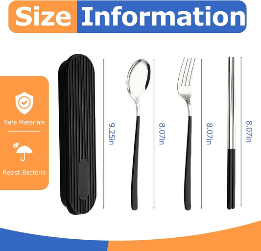 3-Piece Reusable Cutlery Set with Case - Stainless Steel, Heart-Shaped, Includes Chopsticks, Knife, Fork, Spoon, Travel & Camping (ORANGE)