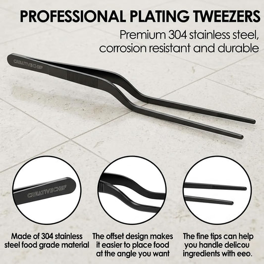 CREATIVECHEF 8 Inch Curved Stainless Steel Precision Kitchen Cooking Multi-function Tweezers Culinary Offset Tweezer Tongs (8" Curved, Bronze)