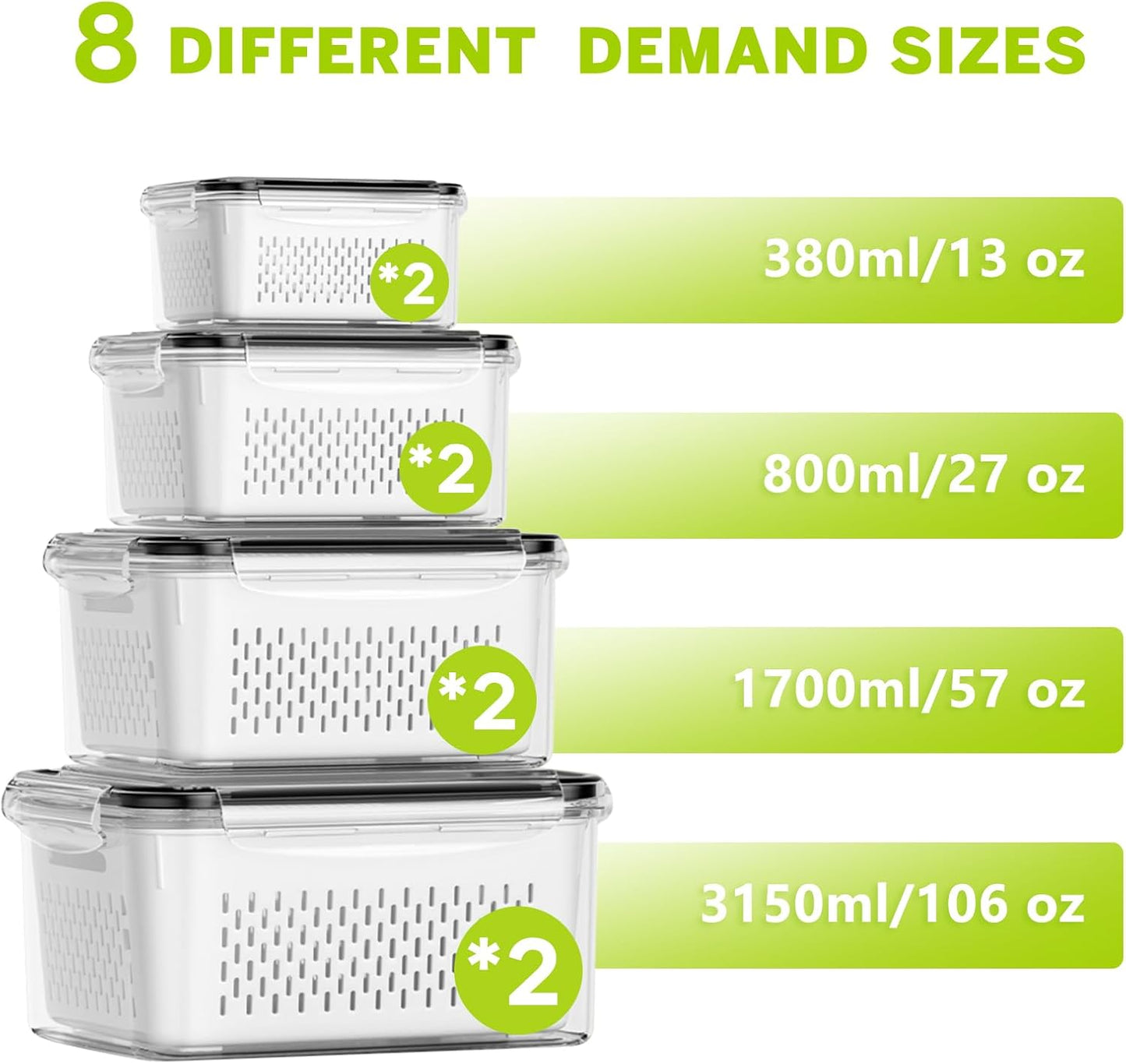 HOMETALL 5 Pack Fruit Storage Containers for Fridge, Plastic Fruit Containers for Fridge with Removable Colanders, Leakproof Fridge Organizers and Storage for Berry Vegetable Salad Lettuce Meat Food