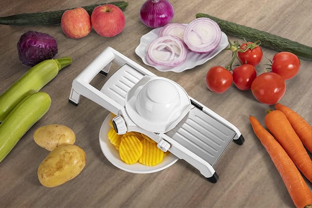 VEKAYA Mandoline Slicer for Kitchen, Stainless Steel Professional Vegetable Slicer with Adjustable Thickness, Safety Gloves & Food Holder, Easy to Clean, Ideal for Potatoes, Onions, Cucumbers