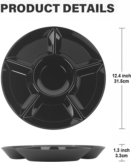 4 Pcs 12.4" Large Divided Serving Trays for Party Supplies, 6 Compartments Round Plastic Platters for Serving Food, Unbreakable Reusable Trays for Snack, Veggie, Fruit, Candy, White