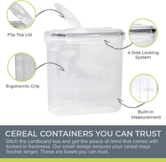 Simply Gourmet Airtight Cereal Containers with Lids – 4 Piece Tall Kitchen Pantry Organization Set, BPA-Free Clear Plastic, Pour Spout Lids for Breakfast Cereal, Rice, Flour, Sugar, Snacks