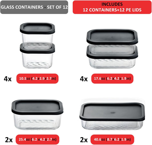EATEX Grooved Base Glass Meal Prep Containers, 12 Pack Glass Food Storage Containers with Lids for Meal Prep & Lunch, Microwave Oven Freezer Dishwasher Safe, Anti Moisture Non-Stick Design - Black