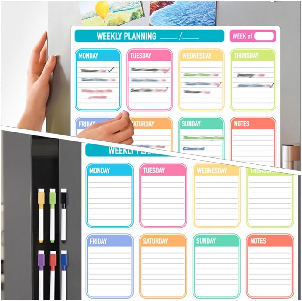 NUOBESTY 1set Magnetic Dry Erase Weekly Meal Planner Board Reusable Fridge Calendar for Easy Organization Includes Cups Towel for Home Office Use
