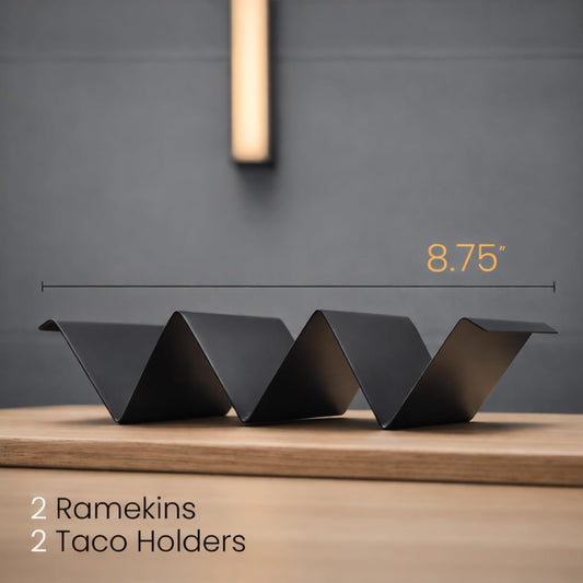 Taco Holders with Sauce Cups (Set of 2) - Black Stainless Steel Taco Stands for 3 Tacos - Dishwasher, Oven & Grill Safe Taco Rack Tray for Home, Parties & Kids by Serro