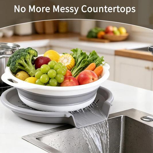 Collapsible Colanders Set of 4 - Food Strainers with Oversized Over Sink Draining Tray, Space Saving Foldable Kitchen Strainer Basket for Washing Vegetables, Fruit, Pasta & Rice, BPA-Free