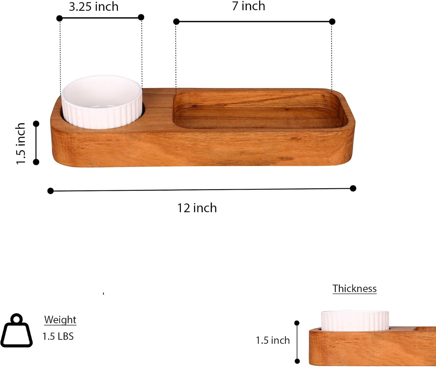 GoCraft Acacia Wood Partition Serving Platter – 12 x 4 Inch – with Ceramic Dip Bowl | Rustic Wooden Snack Tray with Sectioned Compartments for Chips, Nachos, Cheese, Fruits, Appetizer | Natural Finish