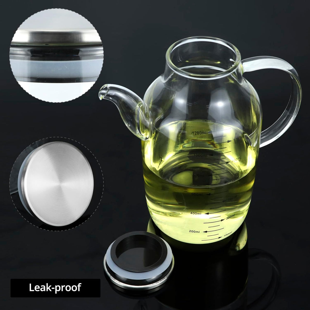 QWORK 1200ML/40Oz Large Glass Cooking Oil Bottle with Stainless Steel Lid, Oil & Vinegar Dispenser Bottle for Olive Oil, Vinegar, Soy Sauce, Kitchen No Drip Liquid Container