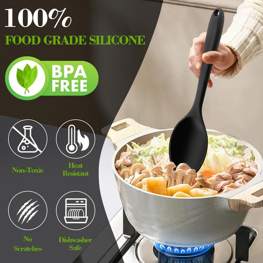 Silicone Spoons for Cooking, Large Serving Spoons 10.8" Nonstick Heat Resistant Cooking Spoons Utensils Mixing Kitchen Spoon for Cooking, Baking, Serving, Mixing and Stirring, Black