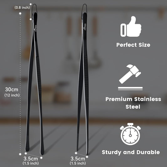 HOTEC Kitchen Tweezers Tongs Stainless Steel Professional Chef Tweezers, Set of 3-6.3", 10" and 12inch Food Tongs for Cooking, Repairing, Dessert, BBQ, Meat, Pasta