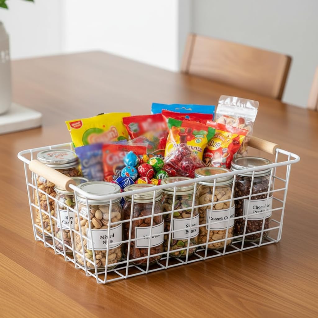LeleCAT Large black wire basket for Organizing with Wooden Handles,pantry refrigerator organizers and storage,Snack Storage Baskets for Cabinets, Closets, Bedrooms, kitchen -2pack(Black)