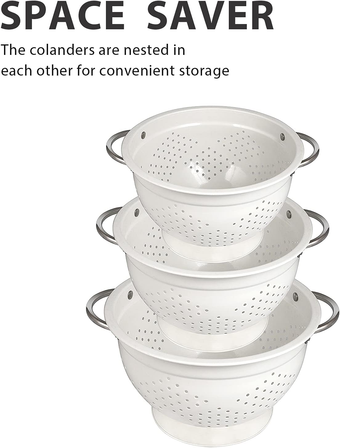 Colander Set for Kitchen, 1.5, 3, 5 Qt Food Strainers and Colanders