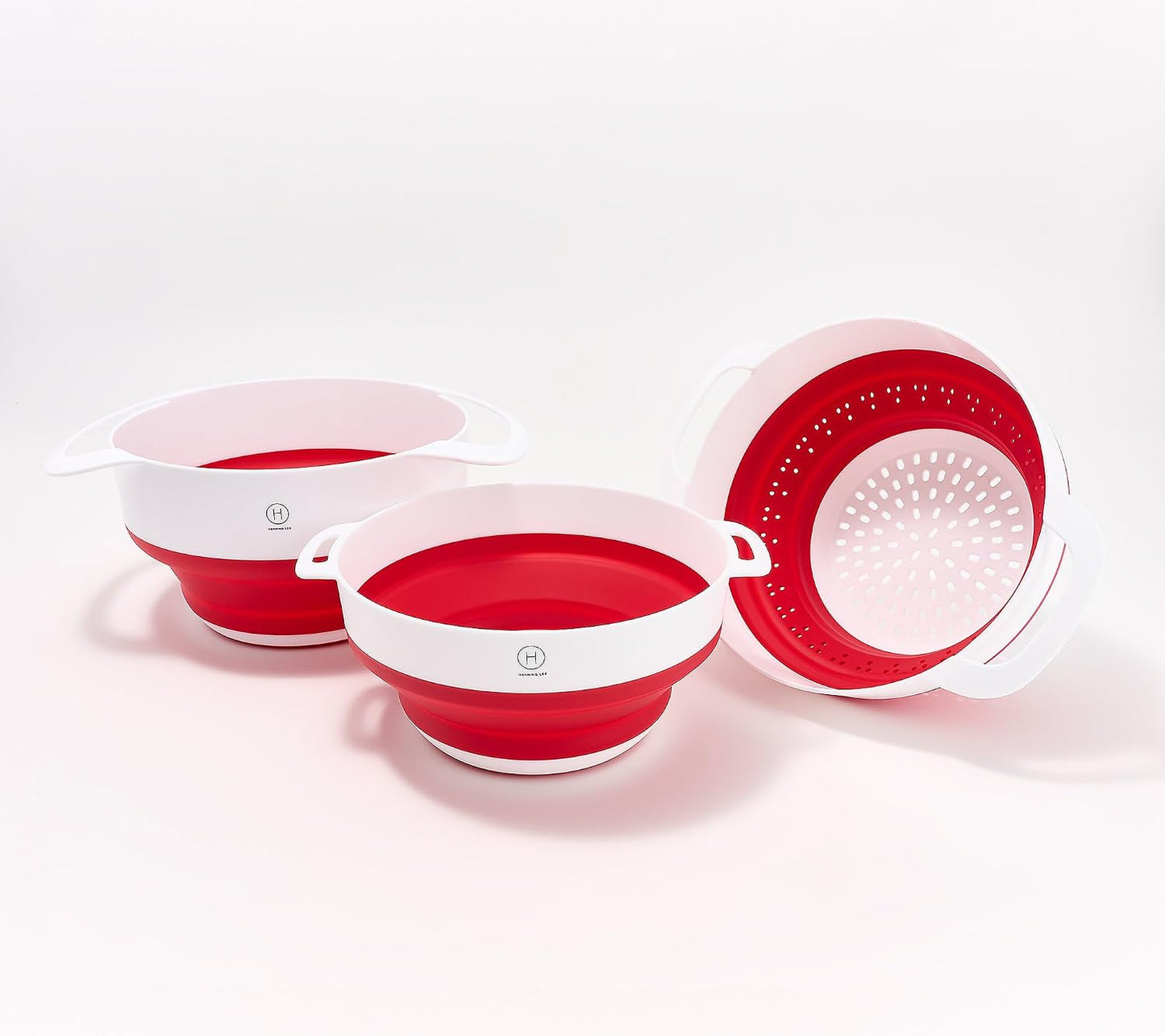 Henning Lee Set of 3 Nestable Colander and Bowls – Collapsible, Space-Saving, BPA-Free (Red)
