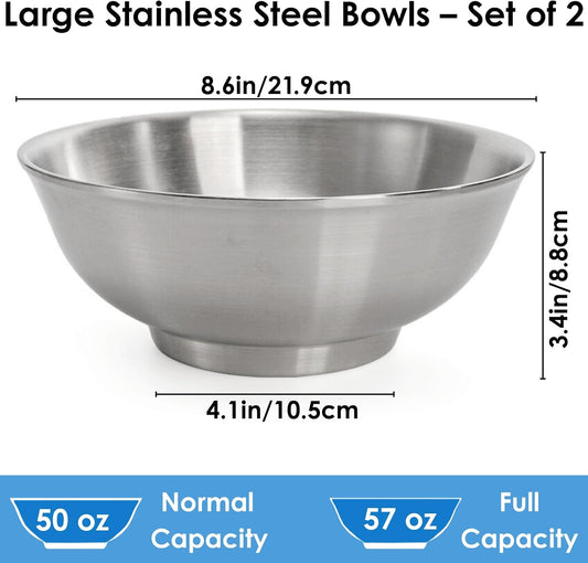 Youeon 2 Pcs 50 Oz Brushed SUS304 Stainless Steel Bowls, Double Wall Insulated Bowls, Large Stainless Steel Soup Bowl for Pasta, Salad, Ramen, 8 Inch Bowl Set for Serving, Dishwasher Safe