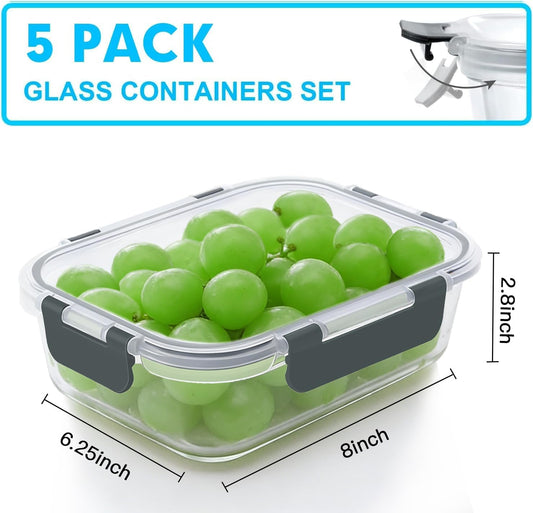 VERONES 5 Pack 36 OZ Glass Meal Prep Containers, Airtight Glass Lunch Containers Set, Glass Food Storage Containers with Lids,Exclusive of BPA, for Microwave, Oven, Freezer & Dishwasher Friendly,Grey
