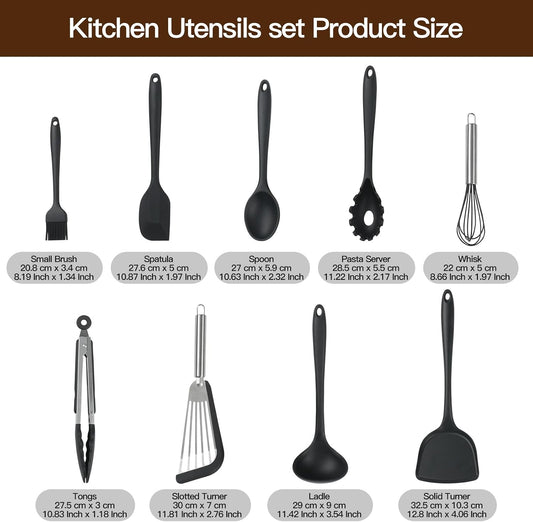 Silicone Black Cooking Utensil Set, 9 Pieces kitchen Utensil Set, Nonstick Tools Spatula Set, Heat Resistant Spatula Ladle Spoon Pasta Server for Cooking (Dishwasher safe)