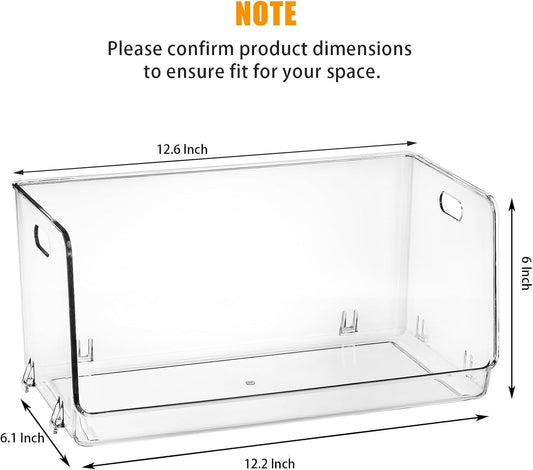 Nicunom 2 Pack Stackable Plastic Storage Bins Open Front, Clear Pantry Organizer Bin Household Food Storage Bin for Kitchen Countertops Cabinet Shelf Fridge
