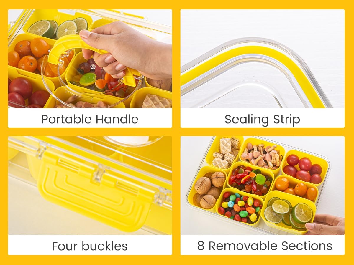 Dingerjar Divided Serving Tray with Lid and Handle - Snackle Box Charcuterie Container for Portable Snack Platters - Clear Organizer for Candy, Fruits, Nuts, Snacks - Perfect for Party, Entertaining