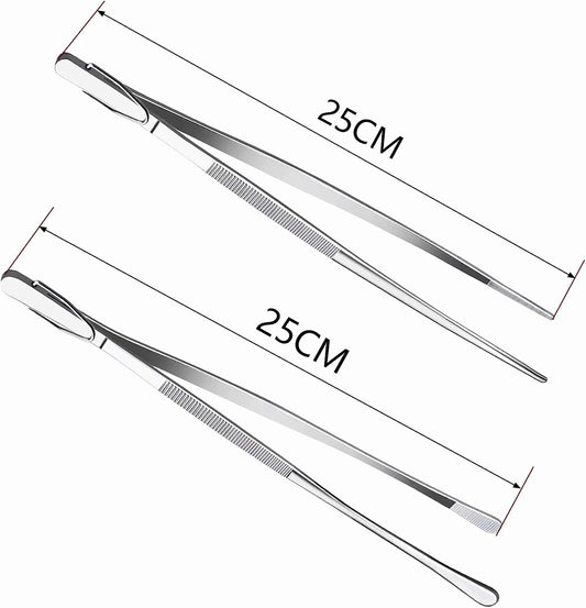 2-Pack 12-Inch BBQ Kitchen Tweezers Tongs, Extra-Long Stainless Steel Cooking Tweezers Dishwasher Safe for Grilling, Baking & Food Prep (12Inch BBQ Tongs)