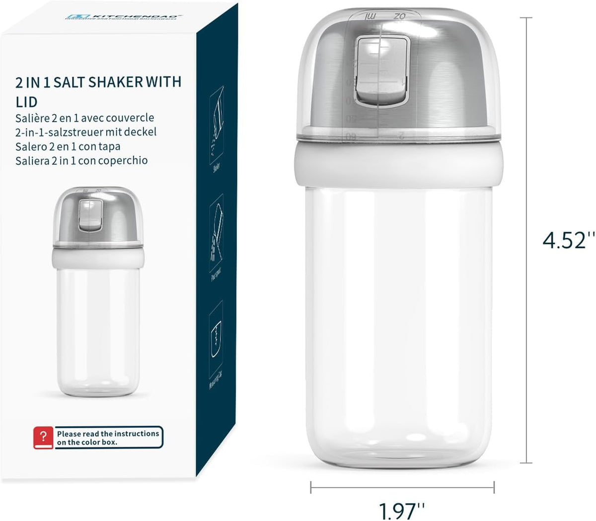 KTCHENDAO 2 in 1 Glass Salt and Pepper Shaker with Side Pour Spout, Built-in Lid for Moisture-proof, Elegant Borosilicate Glass Salt Pepper Dispenser set for Kitchen, BPA Free, 4oz (White)