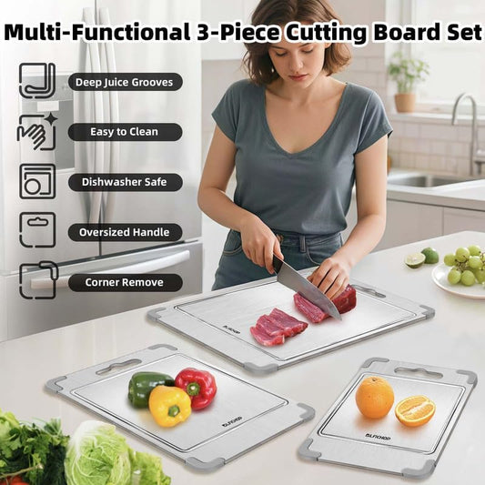 3PCS 100% Pure Titanium Cutting Boards for Kitchen, Food-Grade Metal Cutting Board for Meat, Fruit, and Veggies,Chopping Board with Anti-Slip Corner Protectors Removable, Dishwasher Safe Grey