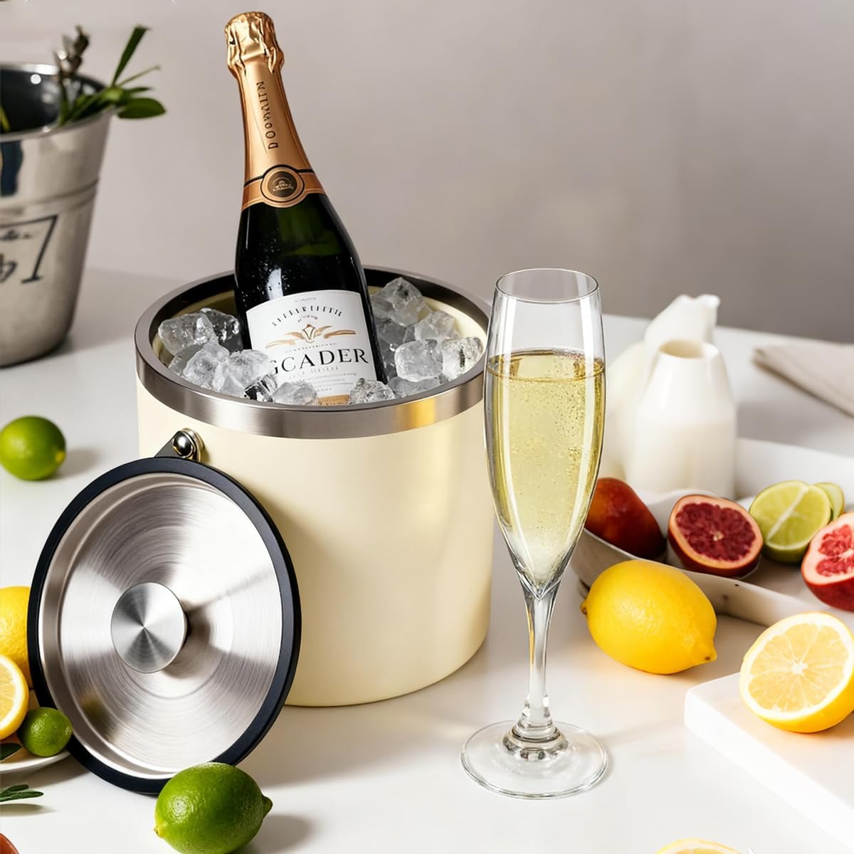 3L beige white Double Wall Insulated Stainless Steel Ice Bucket with scoop for Cocktail Bar,Metal Ice Bucket for freezer with Lid for parties.ice Container to Keep Ice Colder,bar cart accessories
