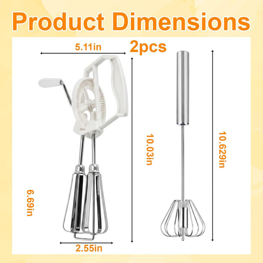 2 PCS Egg Beaters Hand Crank, Manual Egg Whisker Set with Stainless Steel Wires, Efficient Kitchen Tool for Baking and Cooking, Two Multipurpose Whisks for Various Mixing Tasks