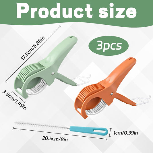 Banana Slicer Cutter, 3-Piece Food Manual Slicer with Gap Cleaning Brush, Red Brown Green Colors, ABS Stainless Steel Construction with 2 Portable Hooks, Kitchen Gadget for Easy Banana Preparation