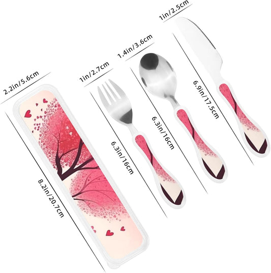 3-Piece Kids Silverware Set With Storage Case, Stainless Steel Reusable Children Safe Knife Spoon Fork Set Valentine'S Day Romantic Heart Trees Bicycle Children Flatware Set For Kids Lunch Box
