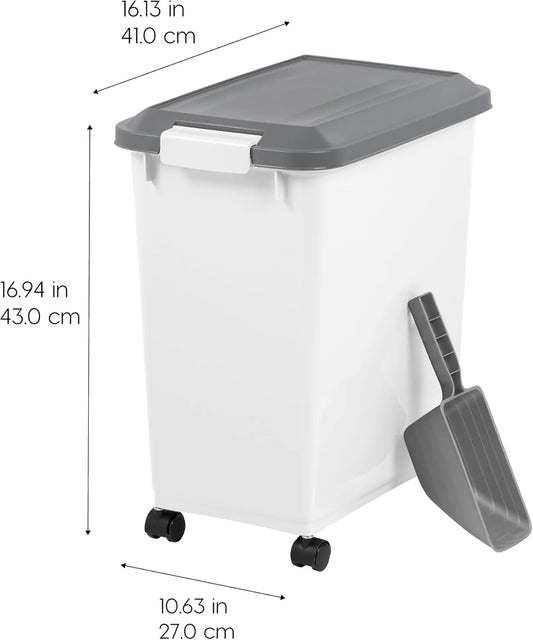 Airtight Pet Food Storage Container with Wheels and Scoop, Moisture-Proof Dog Cat Food Bin, Easy-Moving Kitchen Pantry Organizer (30 lb)